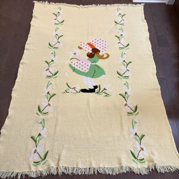 76”x 56” Handmade Vintage Sun Bonnet Sue Baby Crib Blanket Throw Afghan Yellow - Picture 1 of 10